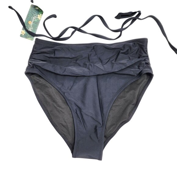 Black Two-Piece Ruched Halter Swimsuit Bikini High-Waisted Bottoms Size Small - Picture 5 of 8